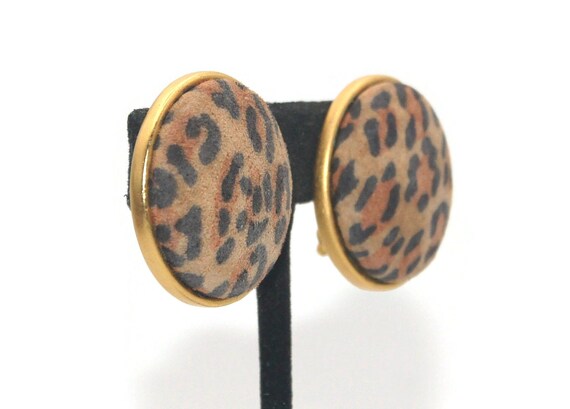 Vintage Gold Tone and Animal Print Round Clip on … - image 3