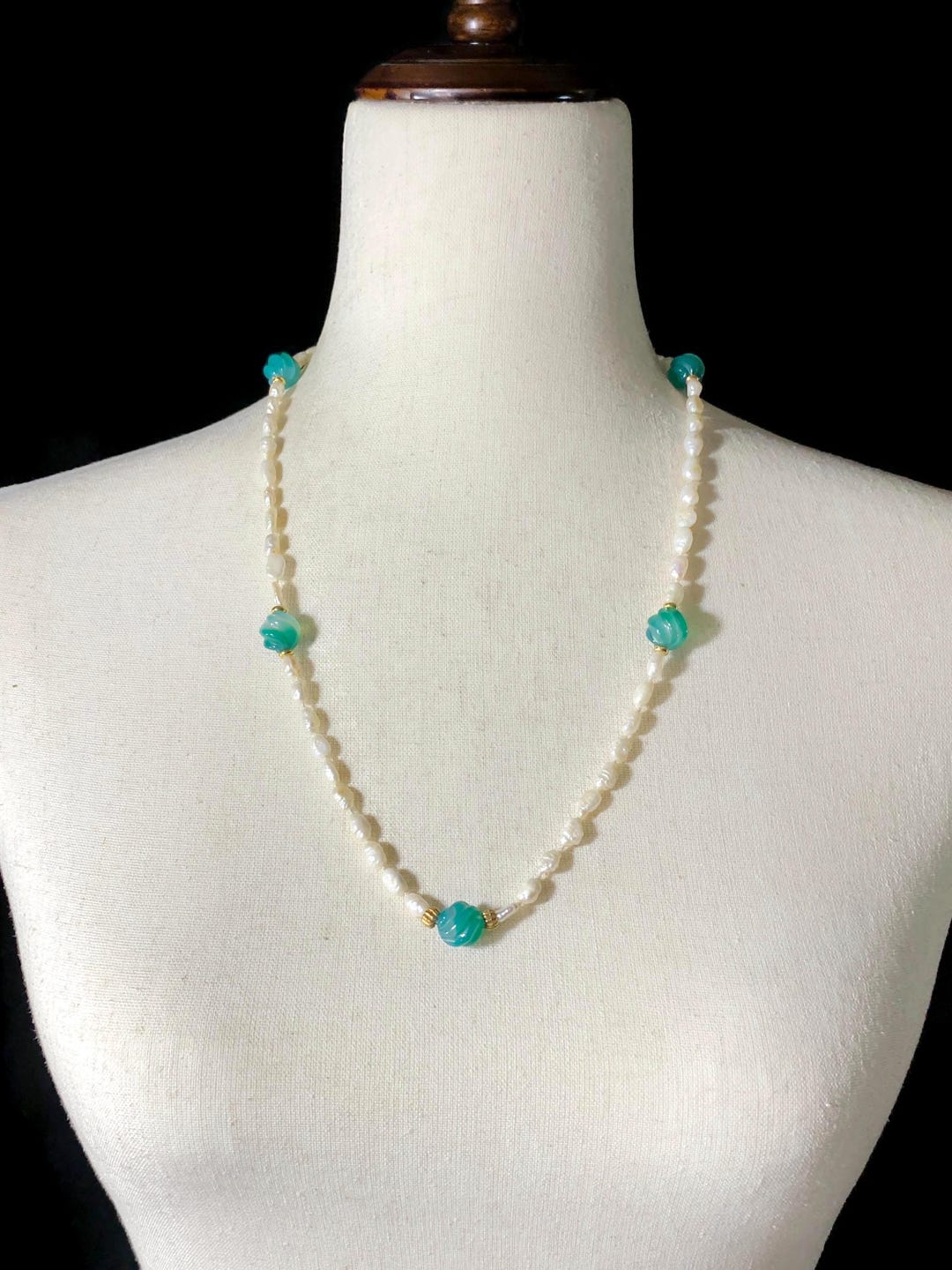 Vintage Freshwater Baroque Rice Pearls, Green Stone & Gold Tone Beaded ...