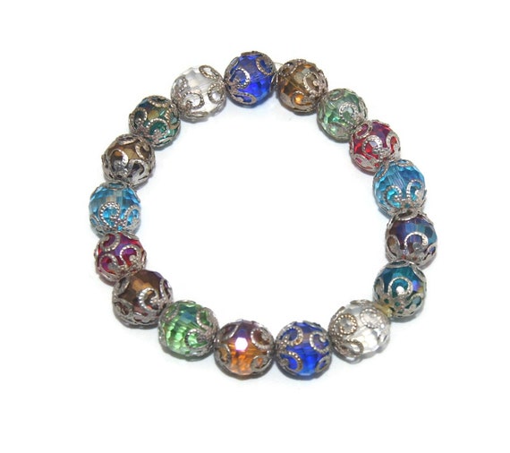 Vintage Faceted AB Rainbow Glass and Silver Tone Bead Caps