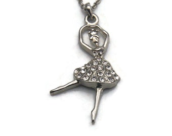 Vintage Silver Tone and Clear Rhinestones Ballerina Pendant on 18 Inch Silver Tone Chain with Lobster Claw Clasp.