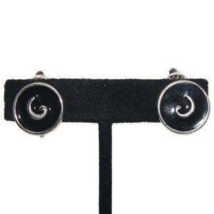 Vintage Silver Tone and Black Enamel Round Clip on Earrings.
