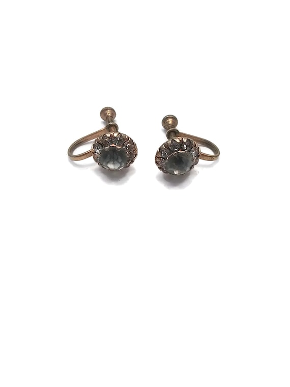 Vintage Gold Toned Jeweled Gray Rhinestone Earrin… - image 1