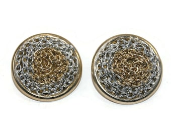 Vintage Gold and Silver Tone Domed Round Clip on Earrings. Marked Germany.