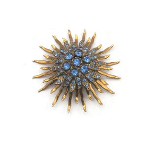 Vintage Gold Tone and Blue Rhinestones Radial Design Brooch, Large Brooch, Starburst Brooch, Daily Wear, Business Wear.