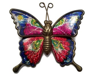 Vintage Gold Tone Multicolored Enamel, Lacquered Butterfly Pin Brooch. Butterfly Insect Fly Rainbow Gold Tone Metal C-Clip Clasp.