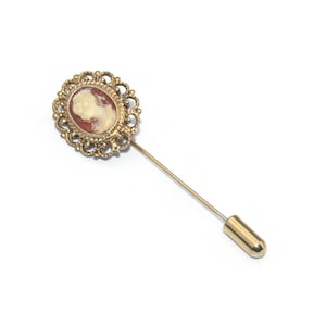 Vintage Gold Tone and Resin Oval Cameo Stick Pin Brooch Lapel Pin.