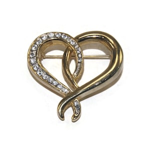 Vintage Gold Tone and Rhinestones Stylized Heart Brooch.