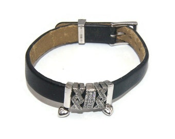 Vintage Sterling Silver and Clear Czs Black Leather Buckle