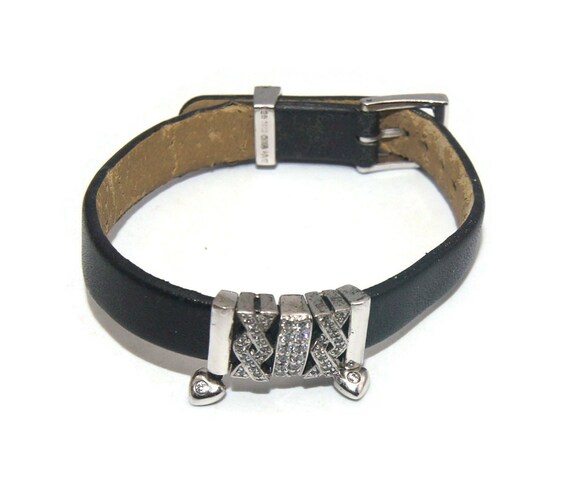 Vintage Sterling Silver and Clear Czs Black Leather Buckle