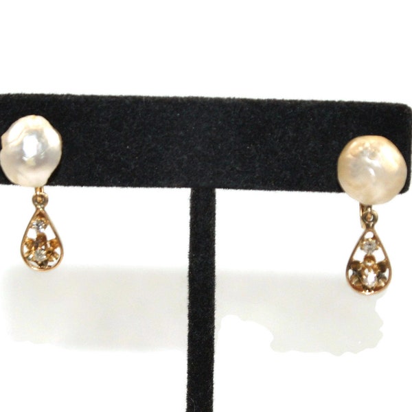 Mid-century Vintage Fisher & Co 14K Yellow Gold Baroque Pearl with Small Diamonds Dangle Screw Back Earrings. Hallmarked F with Arrow 14K.