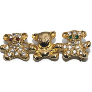 Vintage Gold Tone and Rhinestones 3 Bears Brooch. 3 Bears in a Row. Bear Family Brooch.