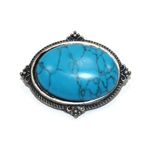 Vintage Silver Tone and Faux Turquoise, Dyed Howlite, Oval Pendant.
