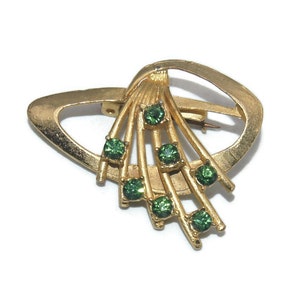 Vintage Gold Tone and Green Rhinestones Abstract Brooch.