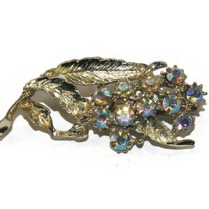 Vintage Gold Tone and AB Rhinestones Floral Brooch.