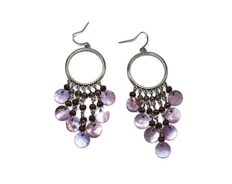 Vintage Silver Tone, Abalone and Wood Beads Dangle Hook Back Earrings for Pierced Ears.