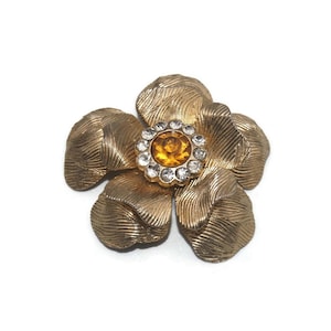 Vintage Coro Gold Tone, Orange and Clear Rhinestones Floral Brooch. Coro Hallmark.
