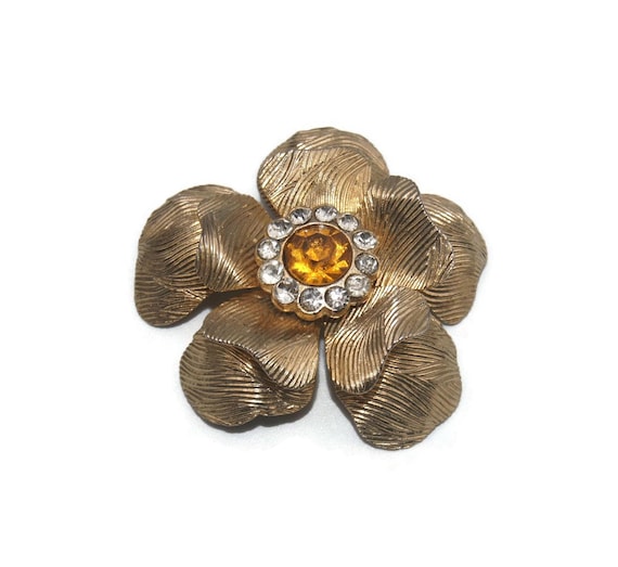 Vintage Signed Coro Rhinestone GT Brooch Exquisite - Etsy Vintage Signed CORO Textured Gold Tone Crystal Rhinestone Flower Brooch display picture 1