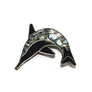 Vintage Alpaca Mexico Silver, Black Enamel and Abalone Dolphin Brooch. Alpaca Mexico Hallmark.