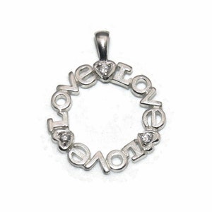 Lovely Vintage Sterling Silver and CZs &quot;LOVE&quot; and Hearts Circle Pendant. Marked 925.