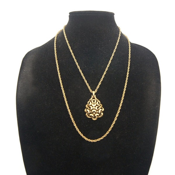 Vintage Trifari Gold Tone 26 1/2 Inch 2 Strand Pendant Necklace. Trifari Hallmark and Crown "T" Trifari Key Tag.