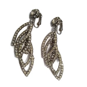 Vintage Kramer Rhodium Plated Rhinestone Dangle Earrings, Hallmarked KRAMER.