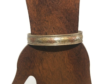 Vintage Brass 7 Inch Open Cuff Bracelet with Tri Colored Design.