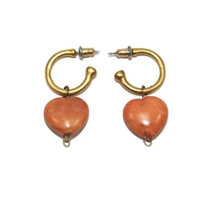 Vintage Gold Tone Hoop Earrings with Dangle Peach Plastic Hearts and Post Back for Pierced Ears.