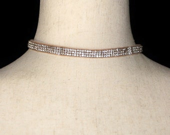 Vintage Gold Tone, Off White Ribbon and Clear Rhinestones 12 to 15 Inch Adjustable Choker Necklace with Lobster Claw Clasp.