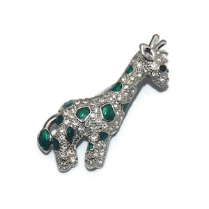 Vintage Silver Tone, Clear Rhinestones with Green and Black Enamel Giraffe Brooch.