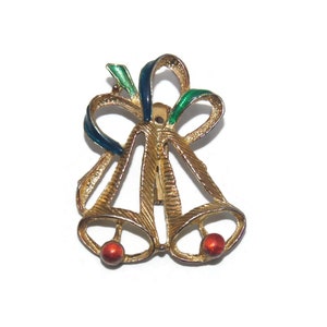 Vintage Gold Tone, Blue and Green Enamel and Red Resin Christmas Bells Brooch.