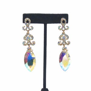 Vintage Gold Tone with AB Crystals and AB Rhinestones Dangle Earrings for Pierced Ears, Long Earrings, Evening Wear, Formal Wear.