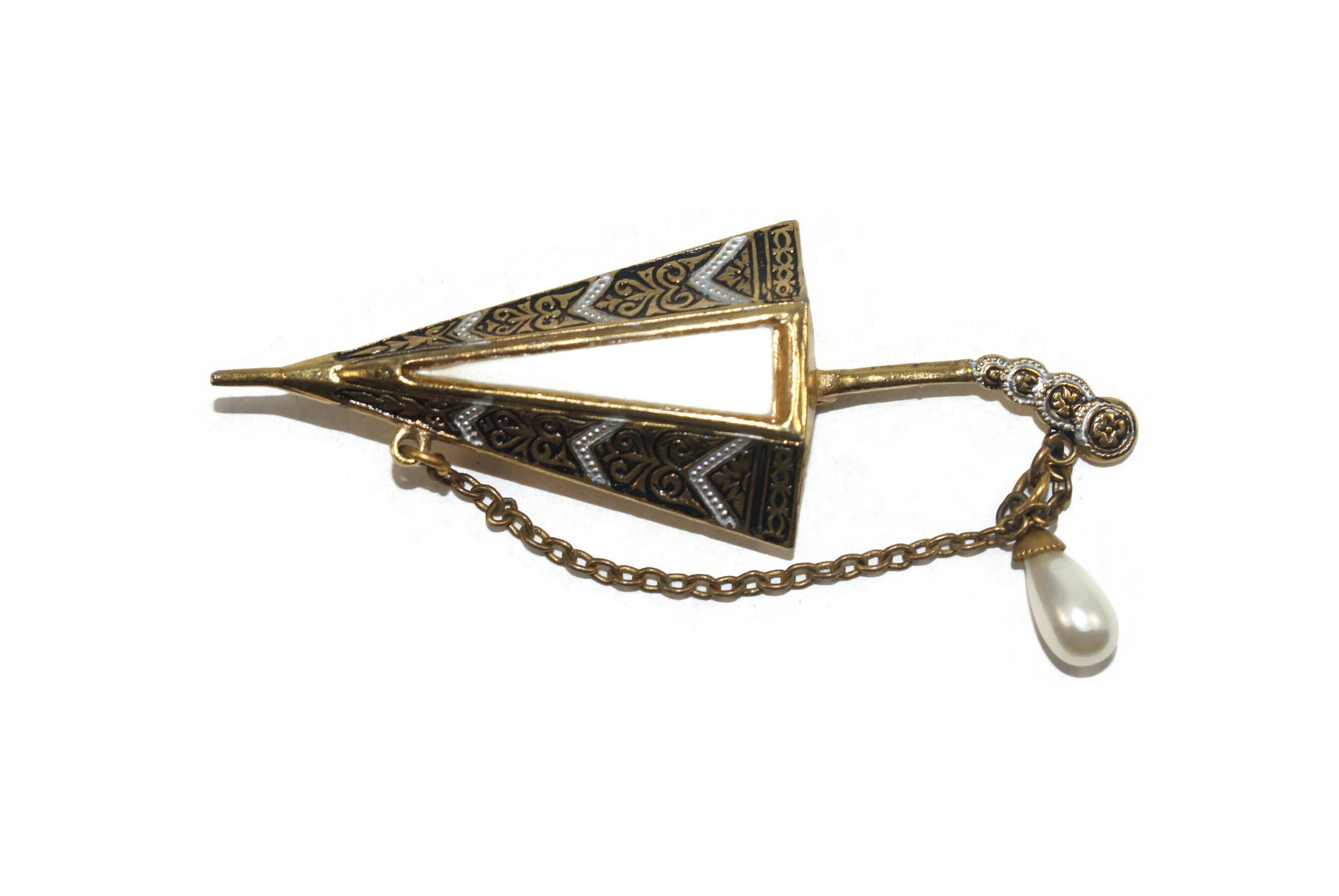 Vintage Gold Tone Marked Spain. Mother of Pearl Damascene Faux Pearl Umbrella Brooch