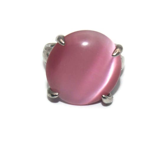 Chunky Vintage Silver Tone and Oval Pink Glass Ca… - image 1