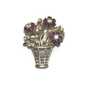 Vintage Gold Tone with Purple and Clear Rhinestones Flower Pot Brooch.