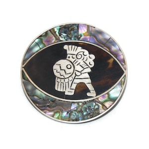 Vintage Sterling Silver, Abalone and Tortoise Shell Mayan Aztec Warrior Brooch. Marked GUALA 925 VCC Hecho en Mex.