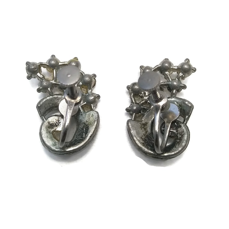 Delicate Milgrain Design 1940s-1950s Vintage Art Deco Silver Tone and Rhinestones Ear Climber Screw Back Earrings Formal. Bridal Wedding