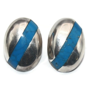 Vintage Mexico TL-70 Sterling Silver and Inlaid Turquoise Oval Stud Earrings with Post Backs for Pierced Ears. Mexico TL-70 925 Hallmark.