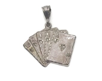 Colgante de jugador de póquer de escalera real de corazón de plata de ley vintage. Marcado 925.