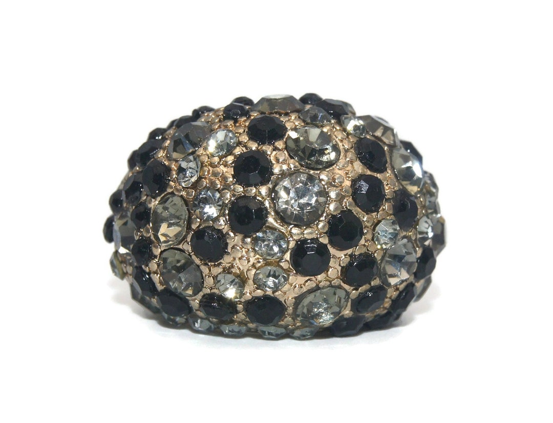Vintage Gold Tone Domed Ring With Black, Clear and Gray Rhinestones ...