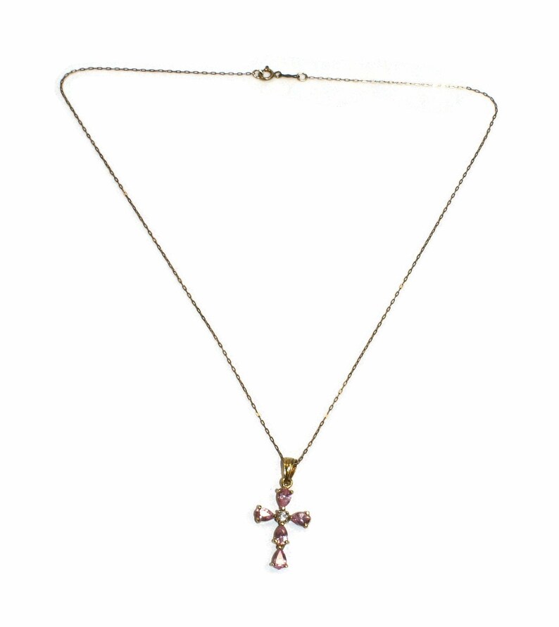 Marked 925. Vintage Gold Plated Sterling Silver and Pink and Clear Topaz Cross Pendant on Fine 18 Inch Rolo Chain