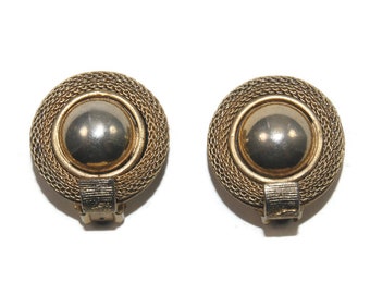 Vintage Gold Tone Round Domed Button Clip on Earrings.