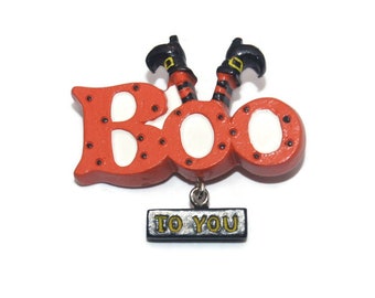 Vintage "Boo To You" Orange, Black, White and Gold Plastic Halloween Brooch.