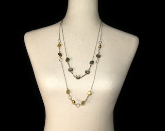 NY Collection Vintage Silver Tone 2-Strand Bauble Link Necklace with Yellow, Green Plastic and Silver Tone Chain. NY Hallmark Hang Tag.