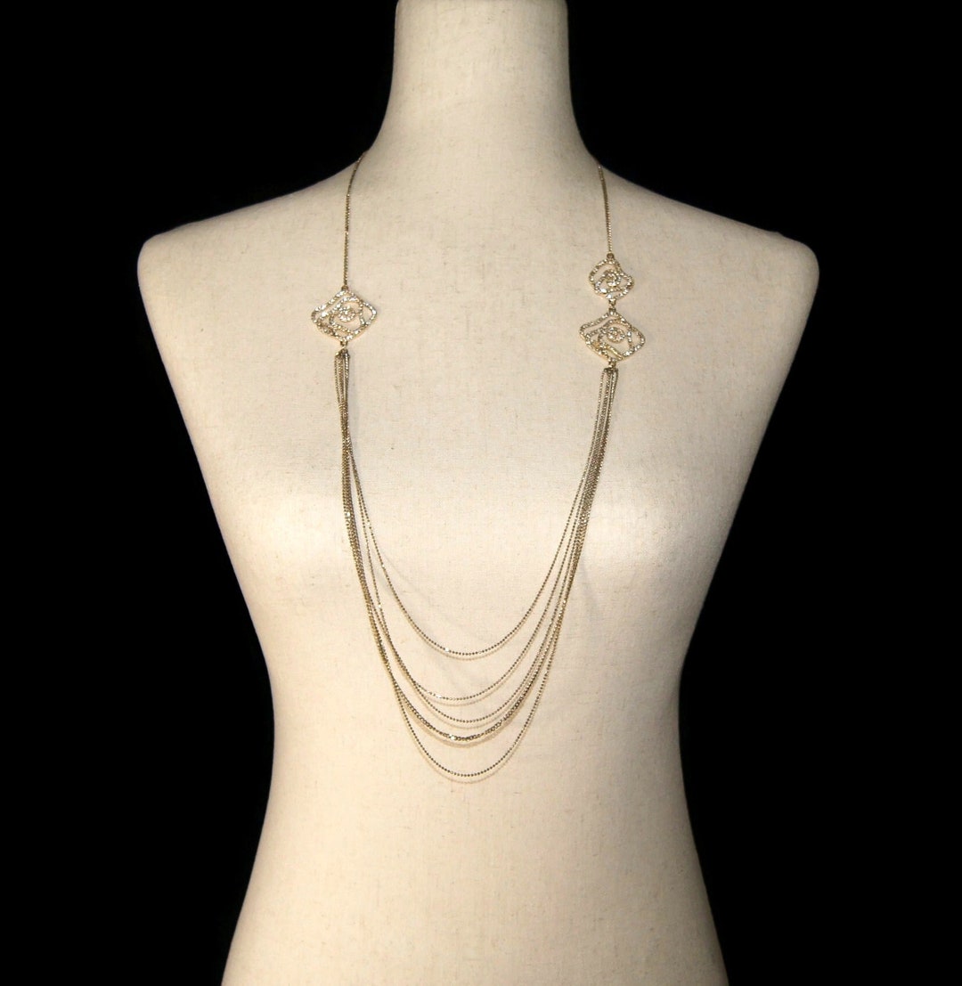Vintage Gold Tone and Clear Rhinestones 33 Inch 5 Strand Necklace With ...
