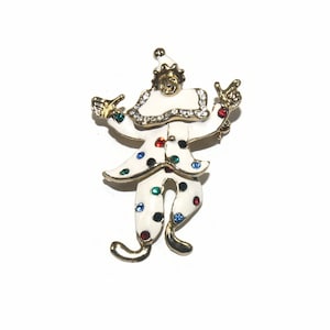 Vintage Gold Tone, White Enamel, Red, Blue and Clear Rhinestones Clown Brooch with Articulated Legs.