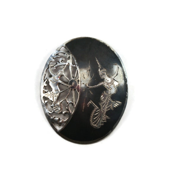 Vintage Siam Sterling Silver Niello Ware Brooch o… - image 1