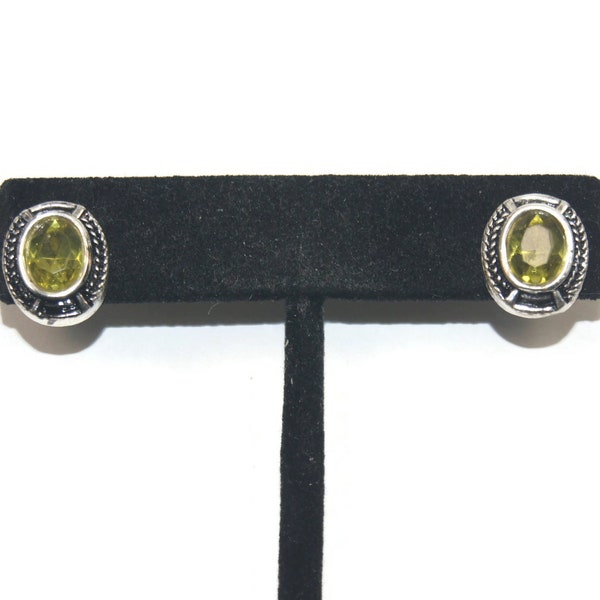 Vintage Silver Tone and Faux Peridot Oval Stud Earrings with Post Backs for Pierced Ears.