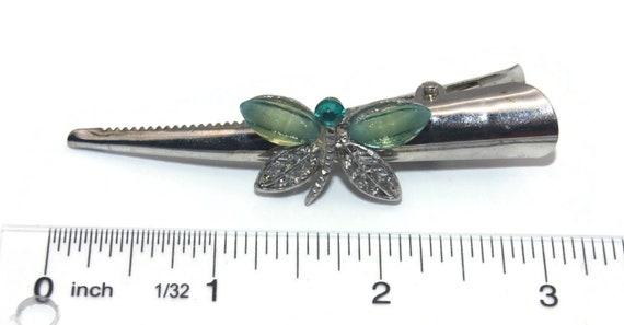 Vintage Silver Tone, Green Plastic and Green Rhin… - image 4