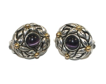 Vintage Silver and Gold Tone and Purple Cats Eye Floral Themed Clip on Earrings.