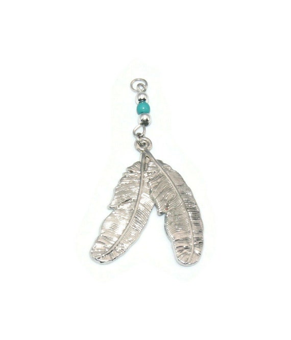 Vintage Silver Tone 2 Feather Pendant With Silver Tone and Faux 